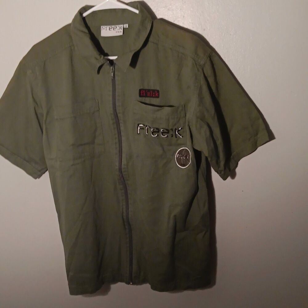 Fi’zi:k Freek Short Sleeve Zip Shirt Olive Green Mens Vintage Y2K Streetwear XL